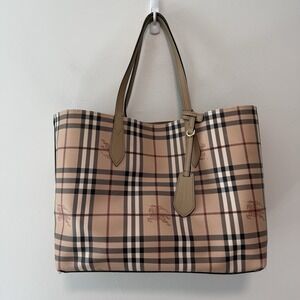Burberry Haymarket Reversible Tote Bag Nova Check and Neutral Tan Leather